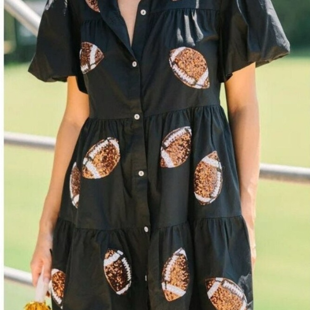 Touchdown Queen Gameday Poplin Button Down Football Dress in Black